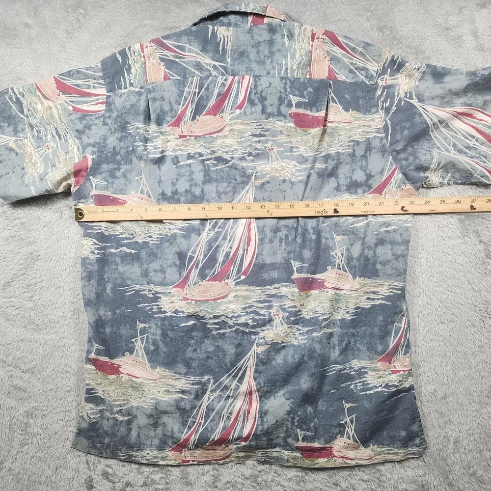 Ralph Lauren Vintage Camp Shirt Mens Medium Blue Loop Sailing Boats Hawaiian AOP